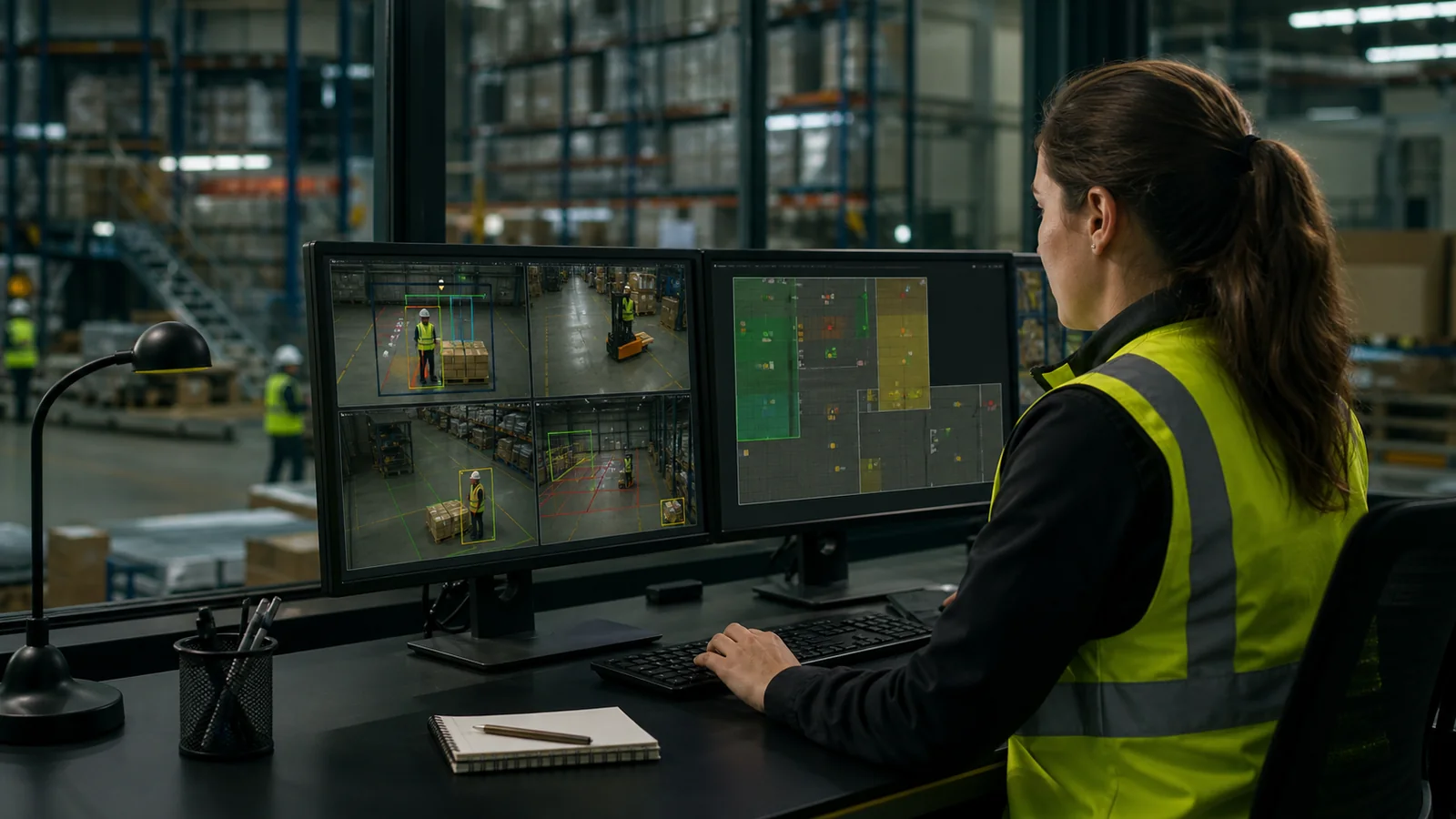 An HSE professional reviewing AI-assisted risk information beside live industrial operations.