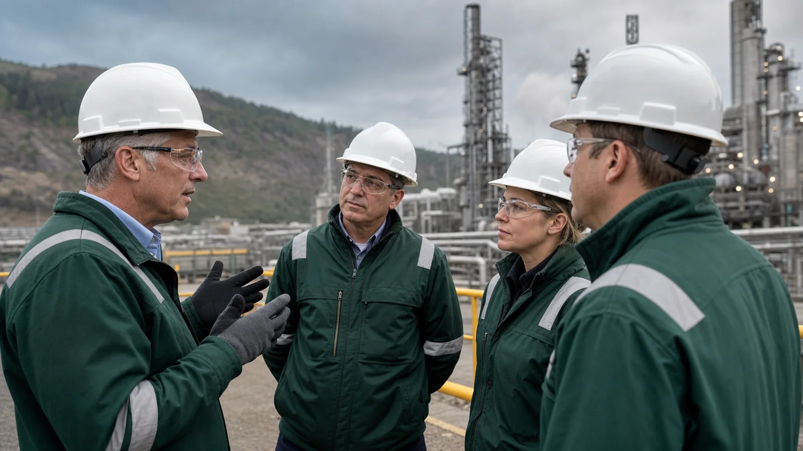 A chief executive speaking with workers during a structured safety leadership visit at an industrial site.