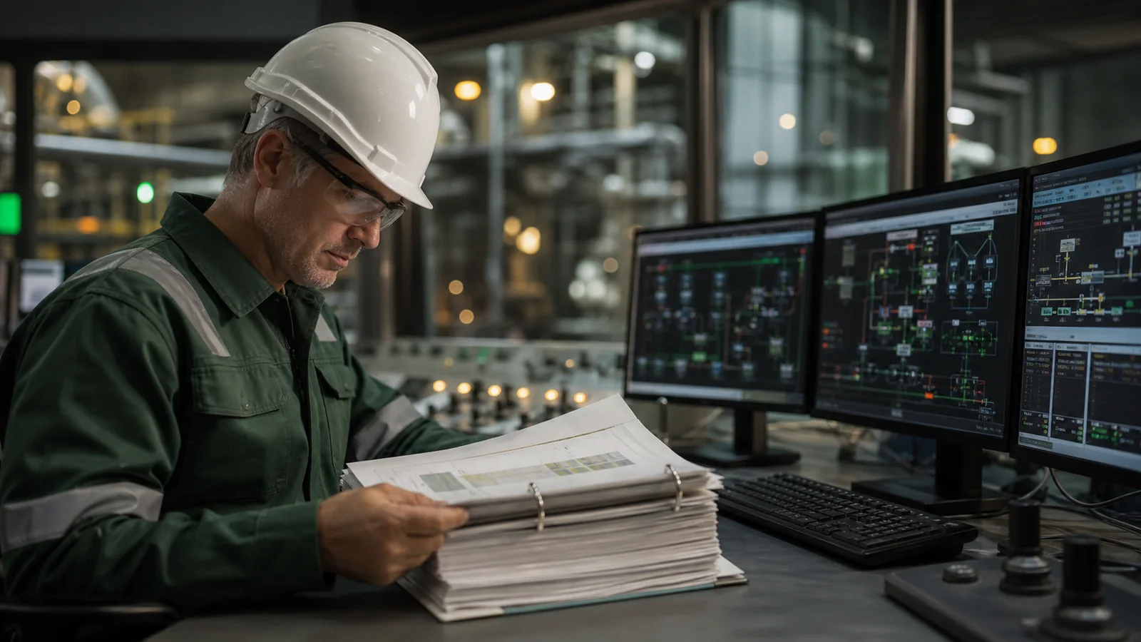 An HSE manager comparing an audit binder with live operational control information in an industrial control room.