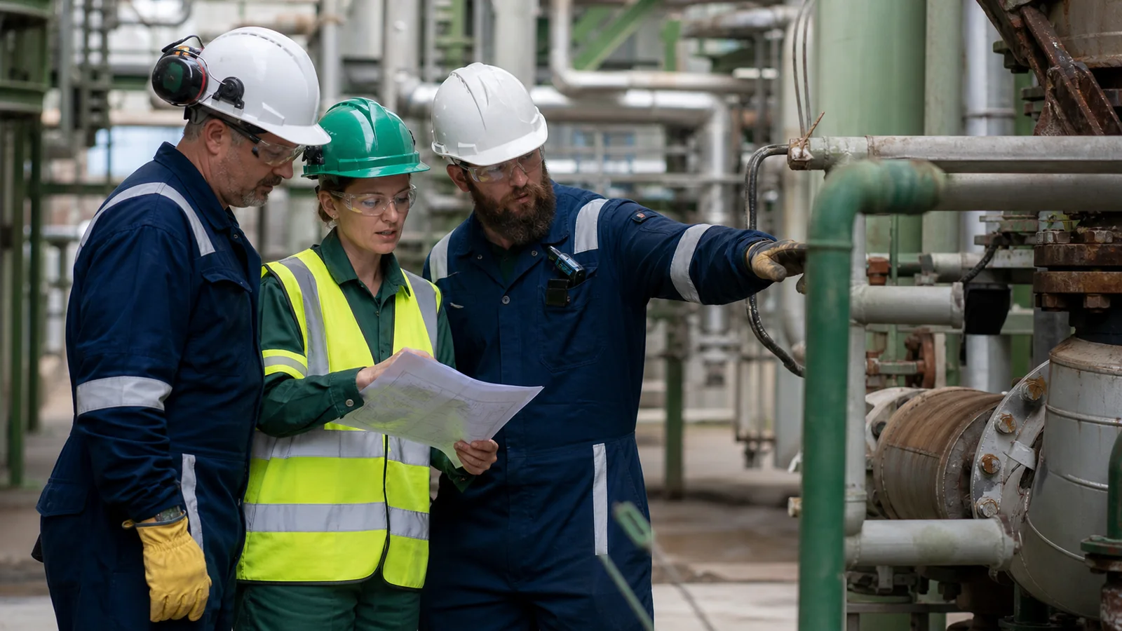 Frontline technicians and an HSE professional comparing a procedure with conditions at industrial equipment.