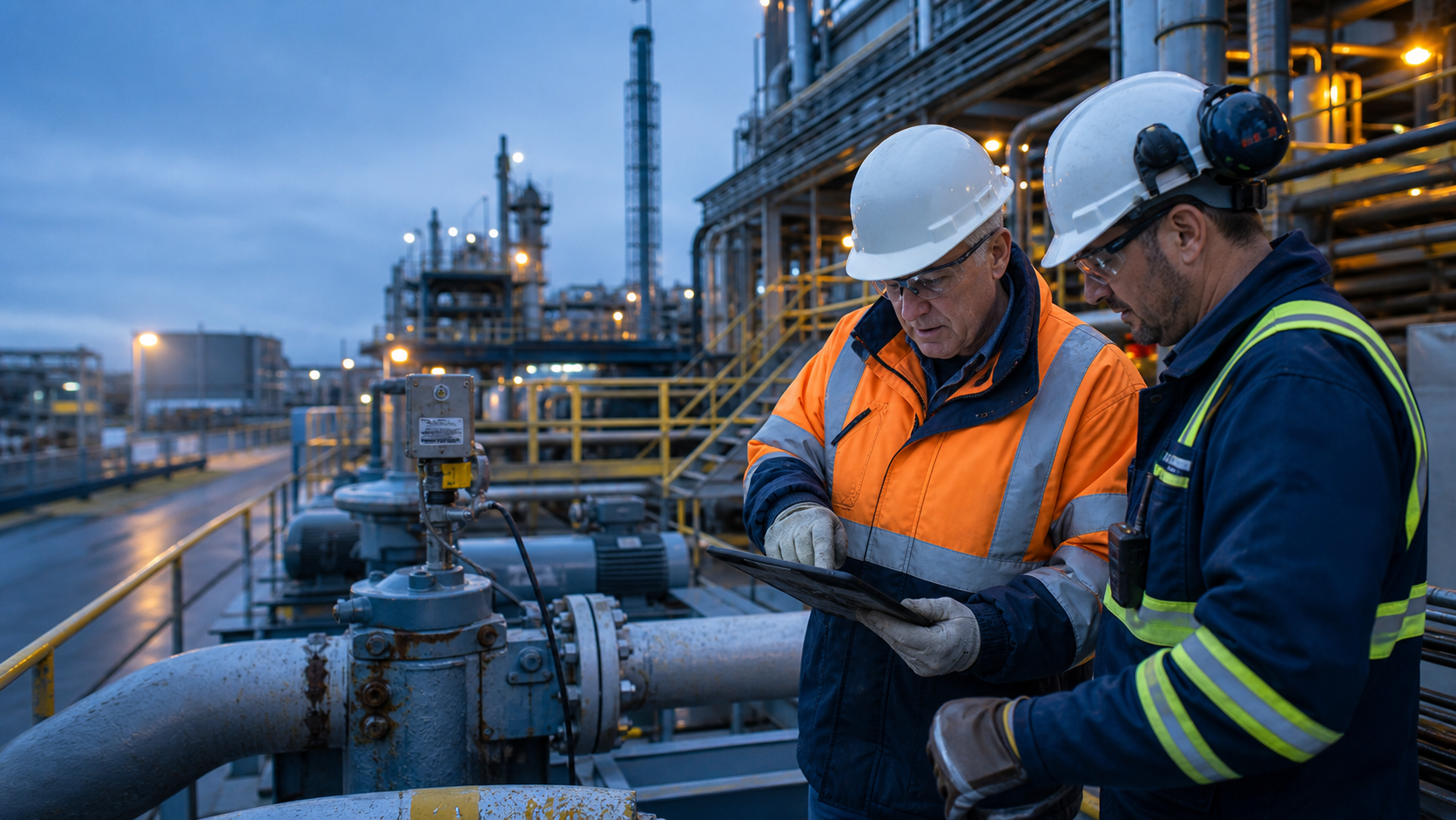 An experienced technician and HSE professional verifying controls around ageing process equipment.