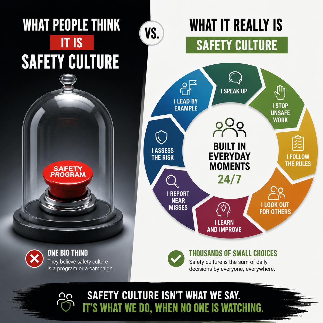 Illustration comparing safety culture as a single program with the everyday choices and work conditions that shape it.