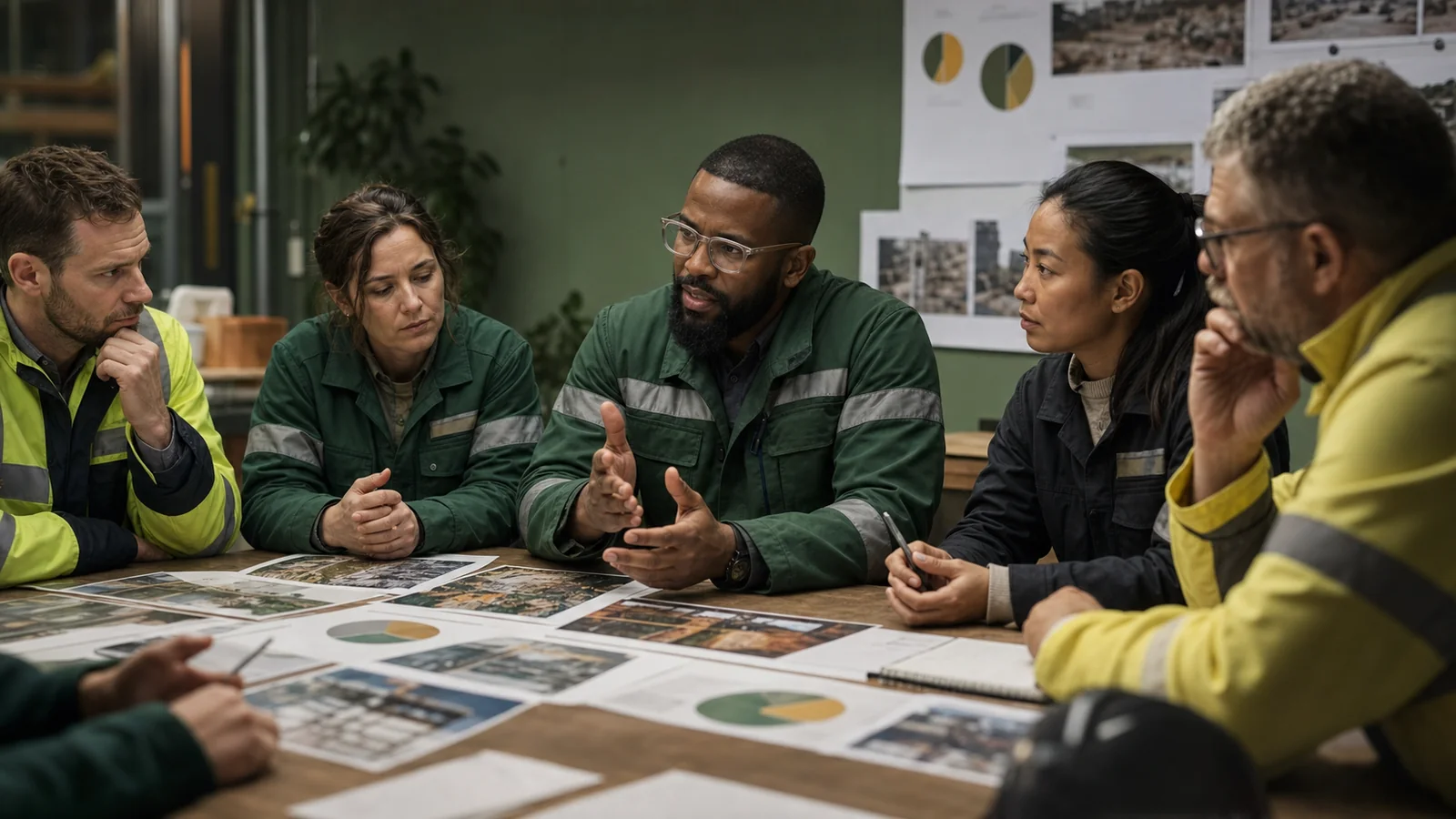 A diverse industrial workforce taking part in a facilitated safety culture discussion and survey review.