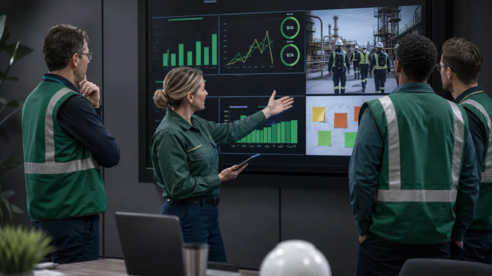 A leadership team reviewing a clear safety performance dashboard in an industrial meeting room.