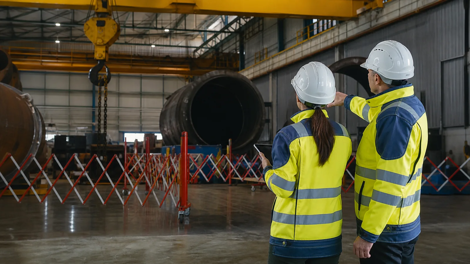 Safety professionals reviewing a controlled high-energy lifting area from behind an exclusion barrier.