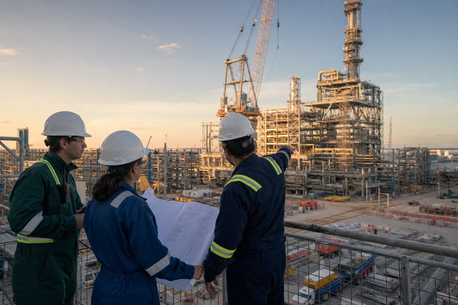 An EPC project team reviewing a major industrial construction site
