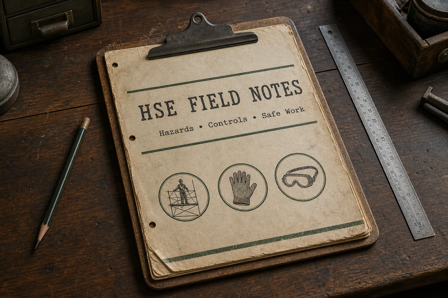Original HSE Hub illustration of fictional archival field safety notes on a wooden desk